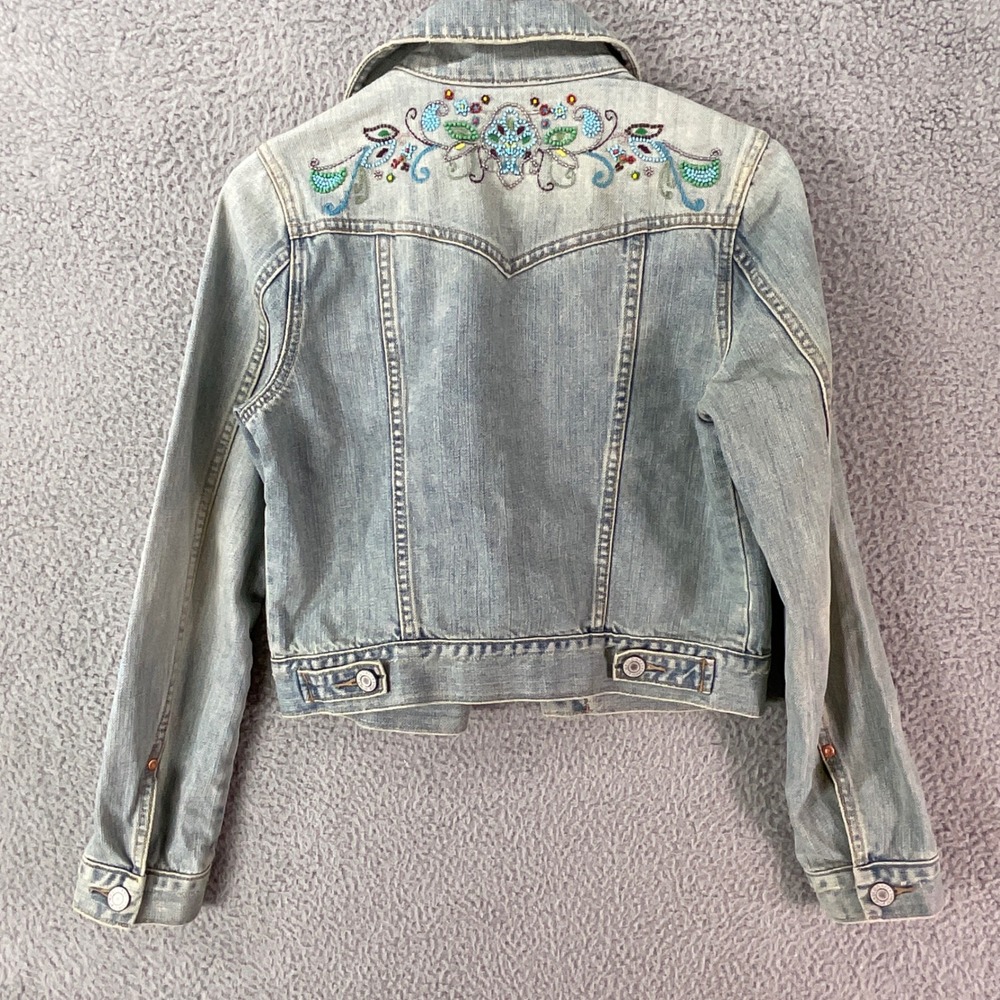 Old Navy Denim Jacket Women S Light Wash Beaded Distressed Boho Y2K Vintage